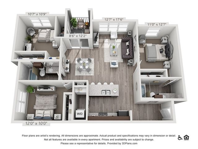 Modern 3D floor plan showcasing 3 bedrooms, an open-concept living and dining area, a sleek kitchen, and two elegant bathrooms.