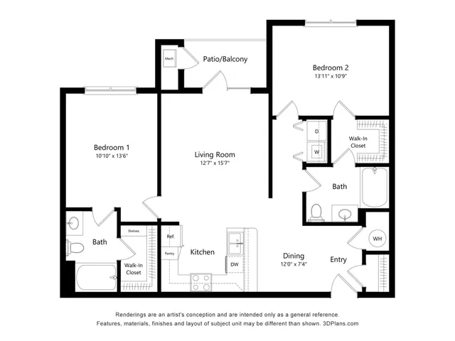 Inviting floor plan showcasing 2 spacious bedrooms, open-concept living room, modern kitchen, and dining area with patio access.