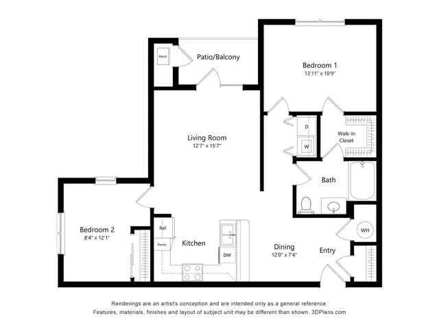 Modern floor plan featuring 2 spacious bedrooms, a stylish living room, and a well-equipped kitchen with ample pantry space, plus a cozy patio/balcony.