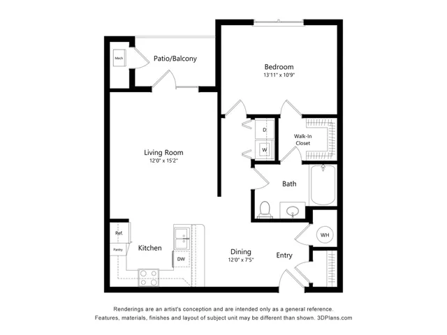 Elegant floor plan featuring a spacious living room, modern kitchen, dining area, cozy bedroom with walk-in closet, and a private patio/balcony.