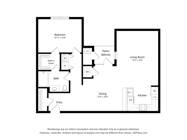 Inviting floor plan showcasing a spacious 1-bedroom apartment with a generous living room, elegant kitchen, cozy dining area, bath, and a charming patio/balcony.