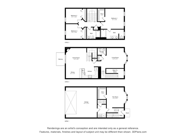Chic multi-level floor plan showcasing 3 spacious bedrooms, an elegant open-concept living area, and a modern kitchen with dining space. Features include a family room with balcony access, a flexible-use room, and a convenient garage entry.