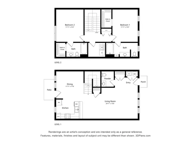 Modern two-level floor plan featuring 2 bedrooms, spacious living room, and kitchen with patio access.