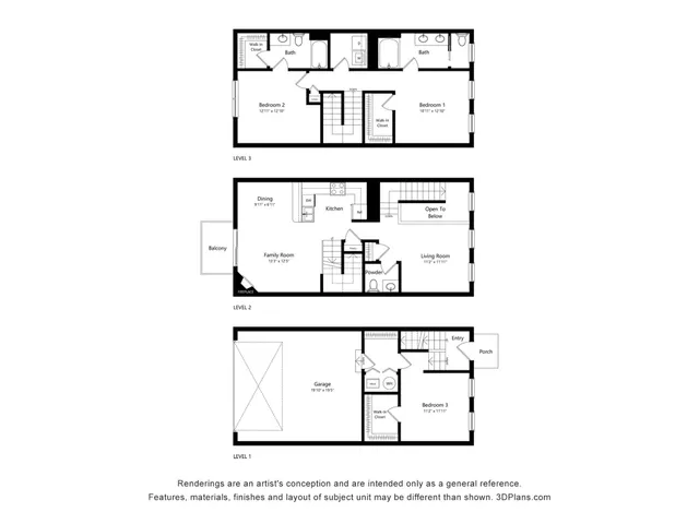 Contemporary three-level floor plan featuring 2 bedrooms, an inviting family room, a bonus flex space, and a spacious garage.