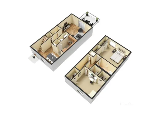 Chic 3D floor plan showcasing two levels with elegant finishes, featuring a spacious bedroom, stylish kitchen, and cozy living area with a patio.