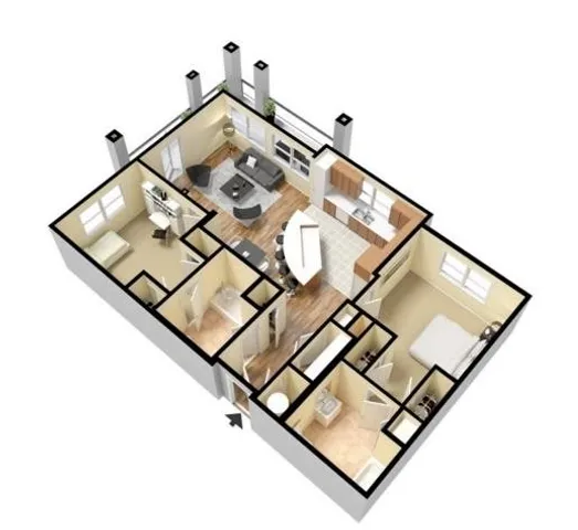 Modern 3D floor plan with 3 bedrooms, sleek open kitchen, and spacious living area, featuring chic interior design.