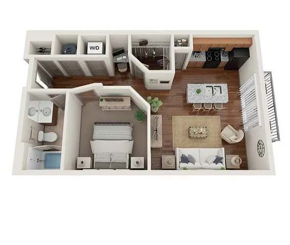 Contemporary 1-bedroom floor plan with open kitchen, cozy living area, and convenient walk-in closet.