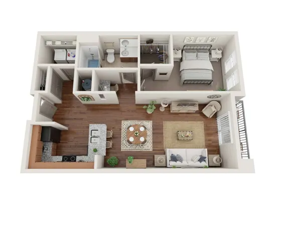 Modern 3D apartment floor plan with a spacious bedroom, cozy living area, stylish kitchen, and balcony, perfect for urban living.