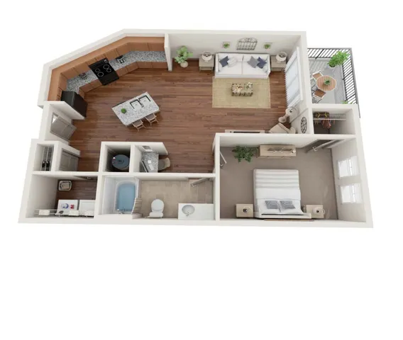 Modern 3D floor plan showcasing a cozy one-bedroom apartment with an open-concept kitchen, elegant living area, and a private balcony.