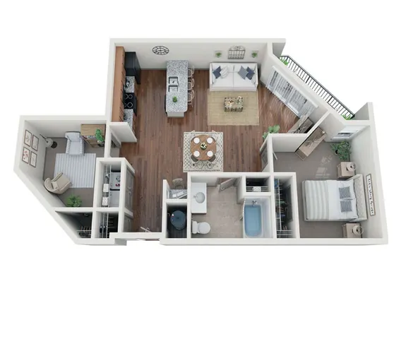 Modern 3D floor plan showcasing a two-bedroom apartment with an open kitchen, cozy living area, and elegant bathroom.