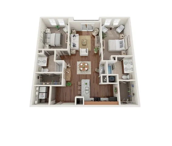 Modern 3D floor plan showcasing an inviting two-bedroom layout with two bathrooms, a spacious open living area, dining space, and a sleek kitchen with island seating.