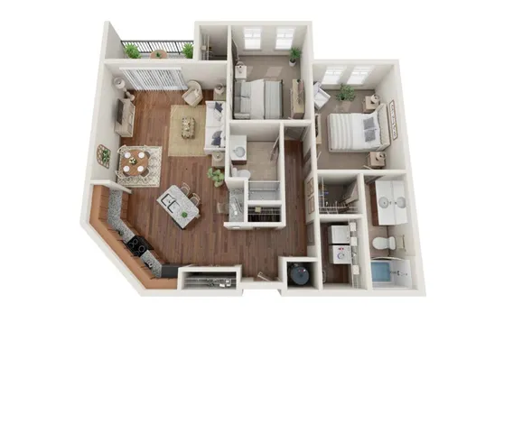 Elegant 3D floor plan showcasing 2 bedrooms, an inviting open-plan living and dining area, and a modern kitchen with ample counter space.