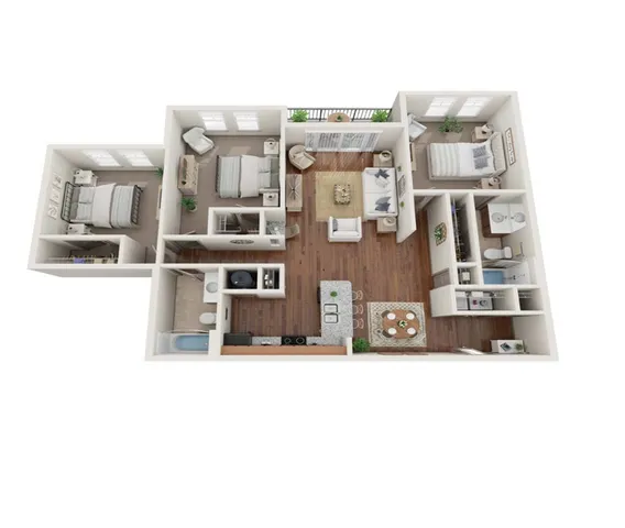 Modern 3D floor plan showcasing 3 spacious bedrooms, elegant open-concept living area, and sleek kitchen with island, ideal for contemporary living.