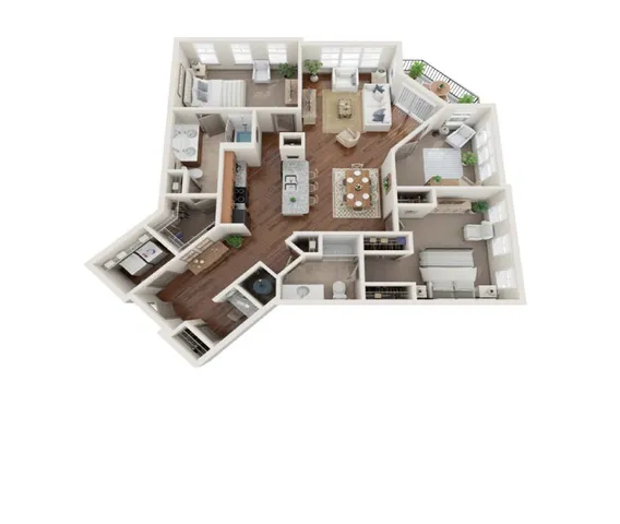 Elegant 3D floor plan showcasing a spacious layout with three bedrooms, open living and dining areas, modern kitchen, and private balcony access.