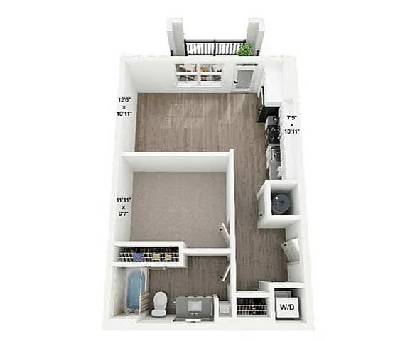 Charming studio apartment floor plan featuring an open-concept kitchen, cozy bedroom nook, modern bathroom, and in-unit laundry.