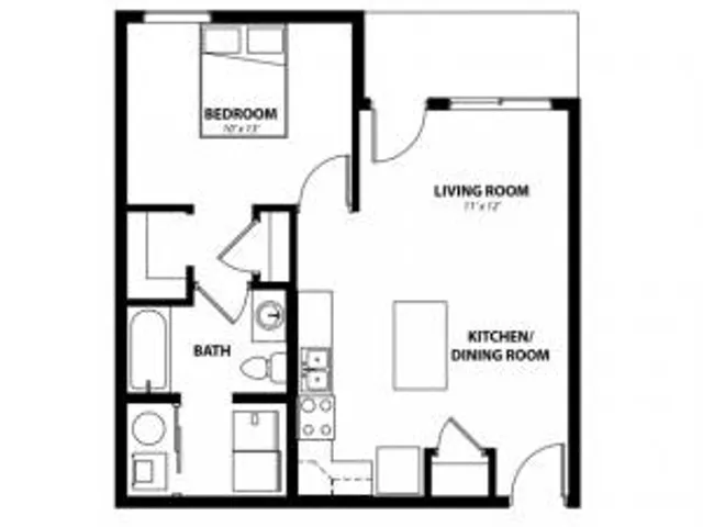 Modern 1-bedroom apartment floor plan featuring a spacious living room and kitchen/dining area, complete with a stylish bathroom layout.