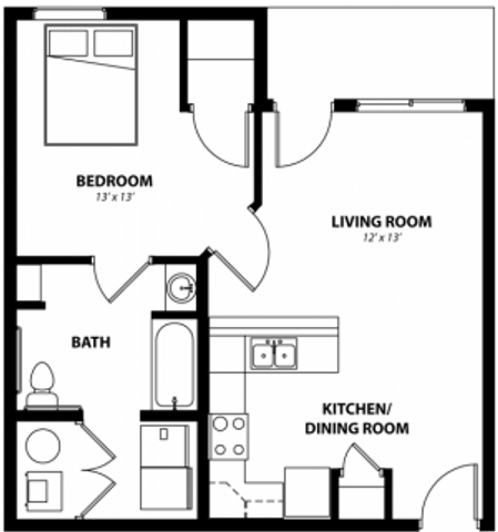 Inviting floor plan featuring a spacious 1-bedroom, cozy living room, and well-equipped kitchen/dining area.