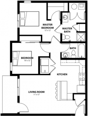 Modern floor plan with 2 bedrooms, an inviting living room, and an efficient kitchen, perfect for contemporary living.