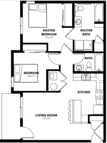 Chic 2D floor plan showcasing a master bedroom with ensuite bath, additional bedroom, spacious living room, modern kitchen, and extra bath.
