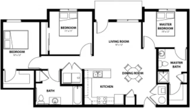 Modern floor plan showcasing 3 bedrooms, spacious master suite, open-concept living and dining areas, and a well-equipped kitchen.