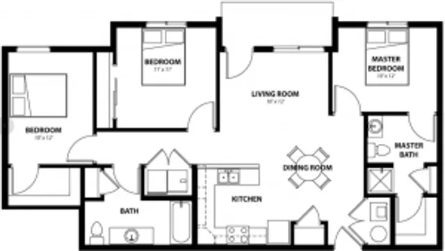 Charming 3-bedroom apartment floor plan with an inviting living room, modern kitchen, dining area, and spacious master suite with an en-suite bath.