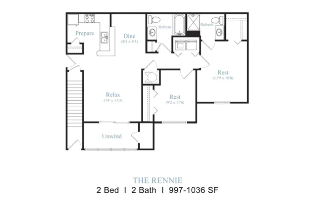 The Rennie floor plan showcasing an elegant 2 bedroom, 2 bathroom layout with spacious living and dining areas, ideal for comfortable urban living, 997-1036 sq ft.