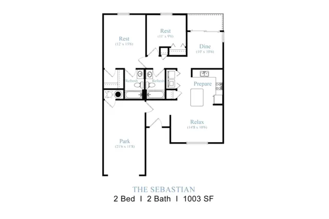 The Sebastian 2D floor plan showcasing 2 bedrooms, 2 bathrooms, a dining area, and an open-concept living room, covering 1003 square feet.
