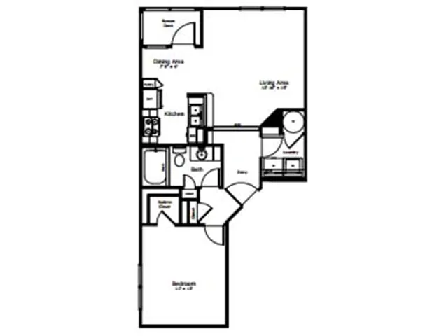 Efficient floor plan featuring 1 bedroom, modern kitchen, and inviting living area for optimal comfort.