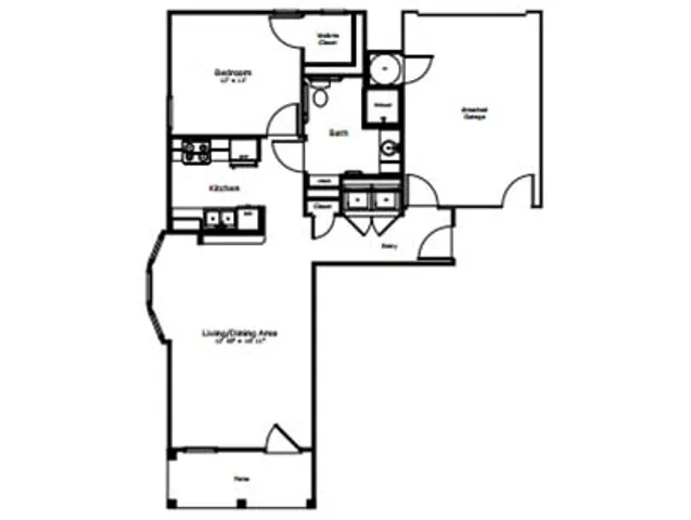 Sophisticated floor plan showcasing 2 bedrooms, an elegant living/dining area, modern kitchen, and convenient attached garage.