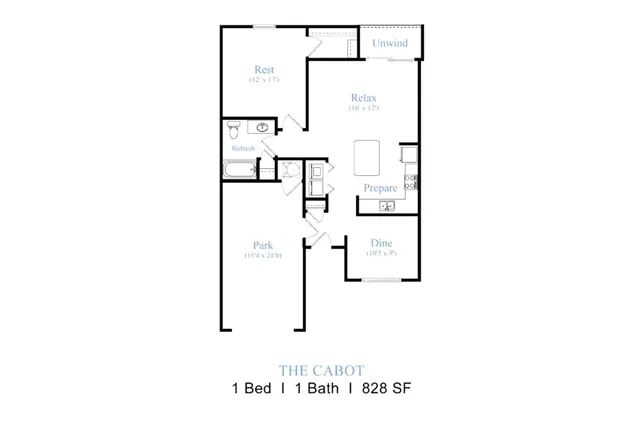 The Cabot floor plan showcasing a sleek 1 bedroom, 1 bath layout with a spacious living area and modern kitchen, encompassing 828 square feet.