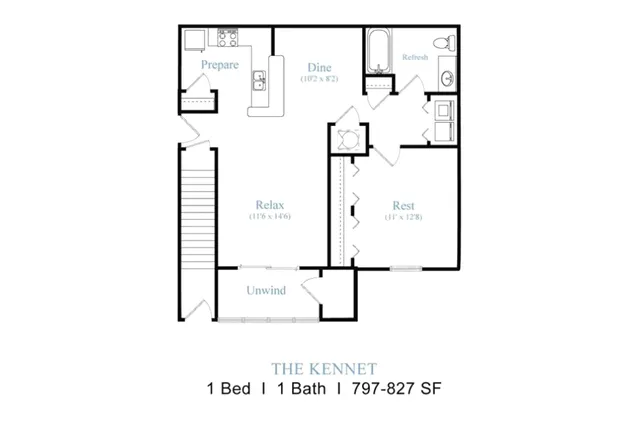 The Kennet 1-bedroom floor plan featuring a spacious living area, modern kitchen, and a cozy bedroom in 797-827 sq ft.
