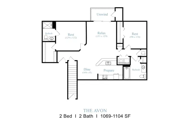 The Avon floor plan showcasing a stylish 2-bedroom, 2-bathroom layout with spacious living and dining areas, 1069-1104 sq ft.