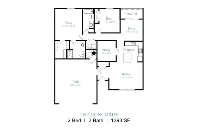The Concorde floor plan showcasing a spacious 2-bedroom, 2-bath layout with a study, dine-in kitchen, roomy living area, and private park space, covering 1393 sq ft.