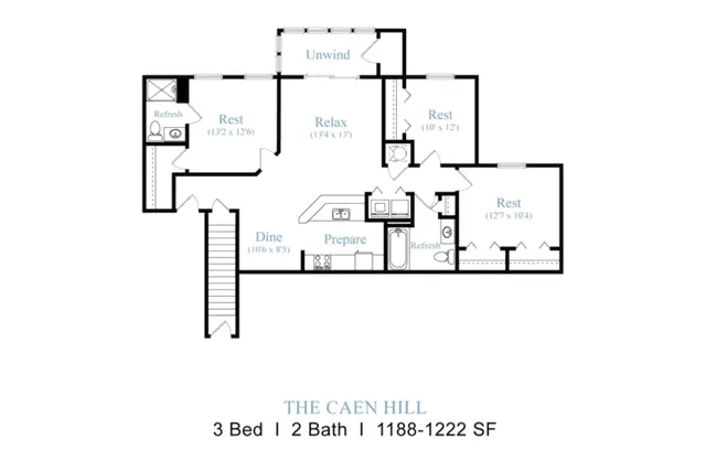 The Caen Hill floor plan showcasing a spacious 3-bedroom, 2-bathroom layout with dedicated unwind areas and modern kitchen, spanning 1188-1222 square feet.