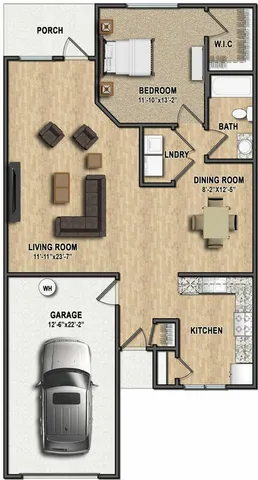 Charming 2D floor plan showcasing a single bedroom, spacious living room, modern kitchen, and integrated garage. Features open dining area, convenient laundry space, and a cozy porch.