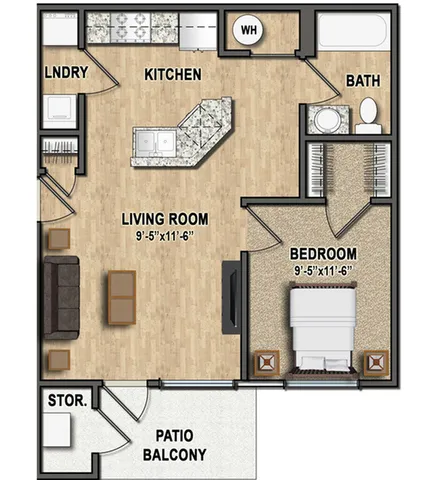 Efficient 1-bedroom apartment floor plan featuring a modern kitchen, cozy living room, bathroom, laundry area, and a private patio balcony.