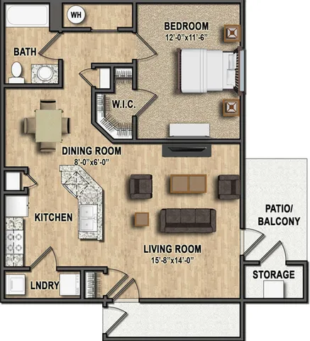 Elegant floor plan showcasing an open-concept living and dining space, large bedroom with walk-in closet, spacious kitchen, and inviting patio.
