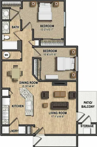Chic floor plan featuring two spacious bedrooms, an open living and dining area, modern kitchen, and a cozy patio balcony with storage.