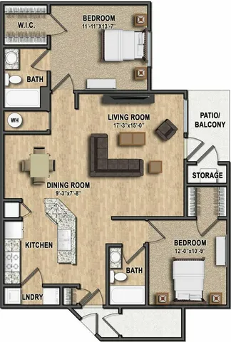 Elegant 2D apartment floor plan showcasing a spacious living room, two bedrooms with modern amenities, and a cozy patio for outdoor relaxation.
