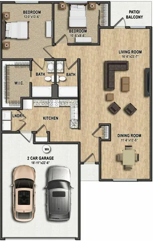 Elegant floor plan featuring 2 cozy bedrooms, a spacious living room with patio access, modern kitchen, dining room, and 2-car garage.