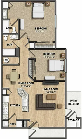 Modern apartment floor plan with 2 spacious bedrooms, open-concept living and dining areas, and a stylish kitchen. Features two bathrooms, a patio balcony, and convenient laundry and storage spaces.