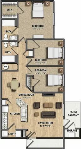 Spacious 3-bedroom apartment floor plan with an open-concept living and dining area, modern kitchen, two bathrooms, and a private patio/balcony.