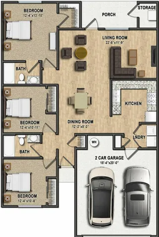 Elegant floor plan featuring 3 spacious bedrooms, 2 stylish bathrooms, a cozy living room opening to a porch, contemporary kitchen, dining area, laundry space, and a 2-car garage.
