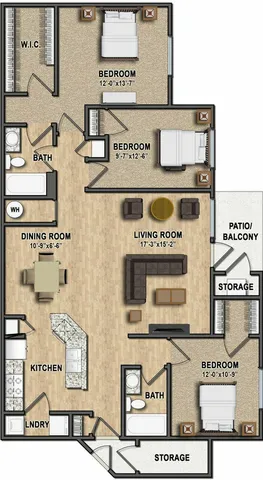 Modern 3-bedroom floor plan showcasing a spacious living room, open dining area, and kitchen, with two bathrooms, a laundry room, and ample storage, including a patio/balcony.