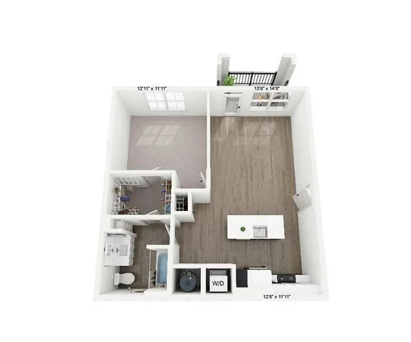 Modern 3D floor plan showcasing a spacious open-concept living area, large bedroom with walk-in closet, and a sleek kitchen, perfect for comfortable living.
