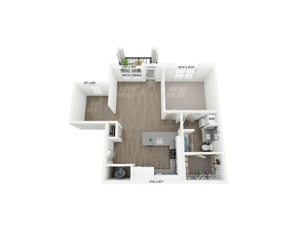 Modern open-concept floor plan featuring a spacious kitchen with island, cozy living area, and one bedroom with attached bathroom. Includes a stylish balcony and ample storage.