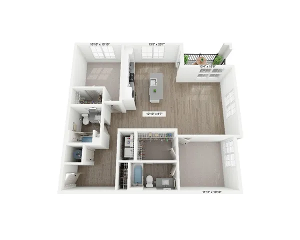 Contemporary floor plan showcasing two bedrooms, open kitchen with island, elegant living area, and private balcony.