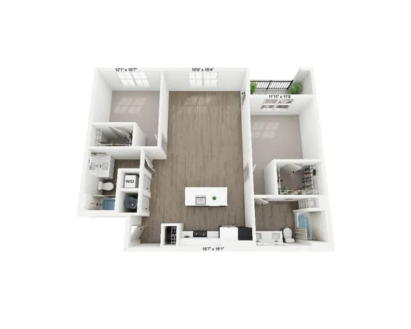 Modern 3D floor plan highlighting 2 bedrooms, open-concept living area, elegant kitchen, and private balcony.