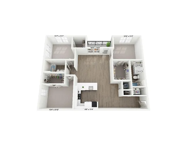 Contemporary 3D floor plan showcasing 2 spacious bedrooms, modern open-concept living area with stylish kitchen, and ample natural light.