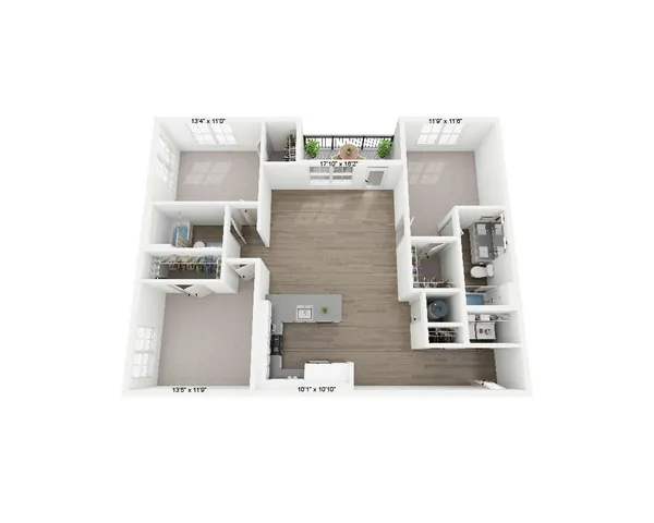 Modern 3D floor plan showcasing 2 spacious bedrooms, open-concept living area, and sleek kitchen design.